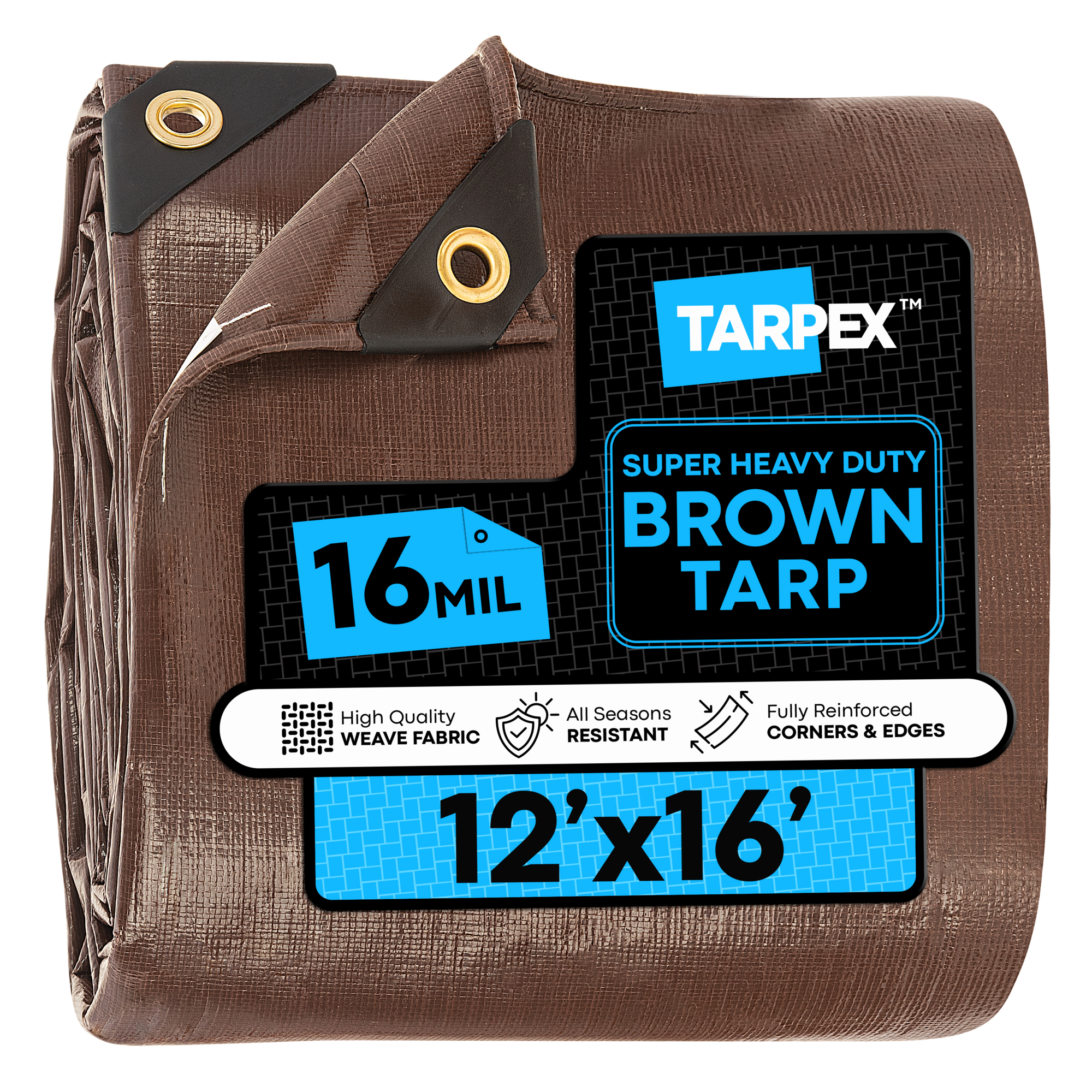TARPEX 12' x 16' Brown Super Heavy-Duty 16 Mil Poly Tarp – Waterproof, UV-Treated, Reinforced Edges, Aluminum Grommets